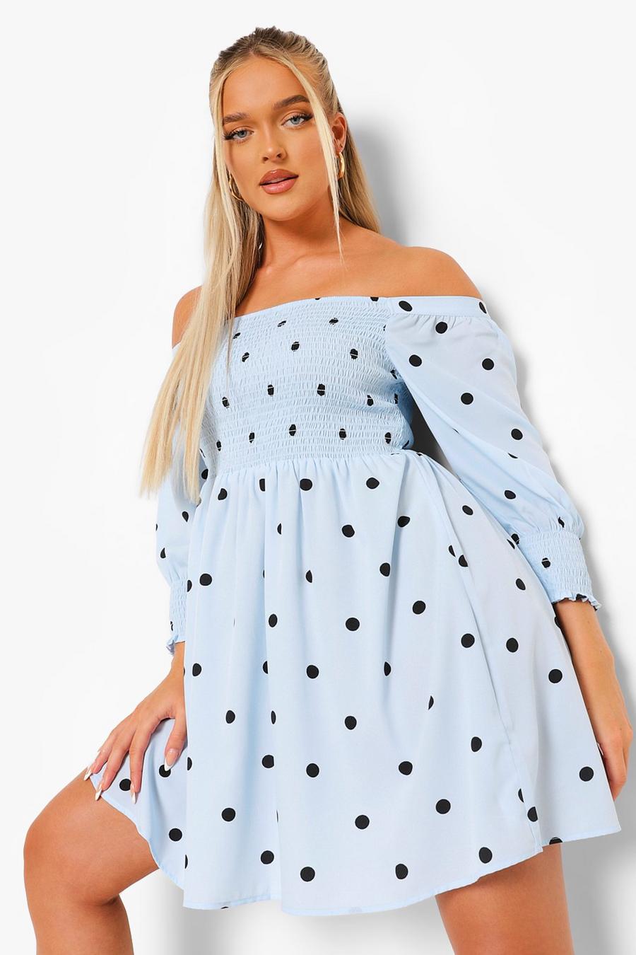 Blue Polka Dot Shirred Bust Smock Dress image number 1