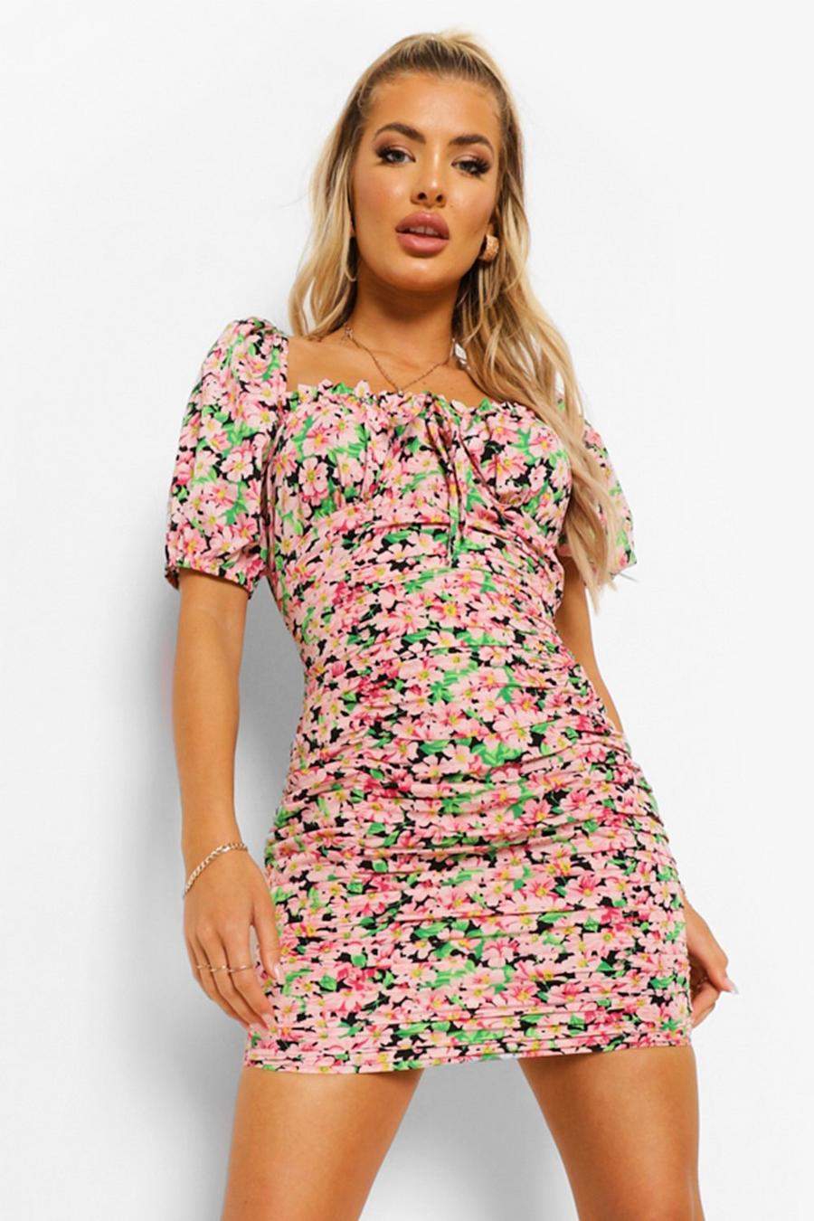 Pink rose Floral Ruched Front Tie Detail Mini Dress