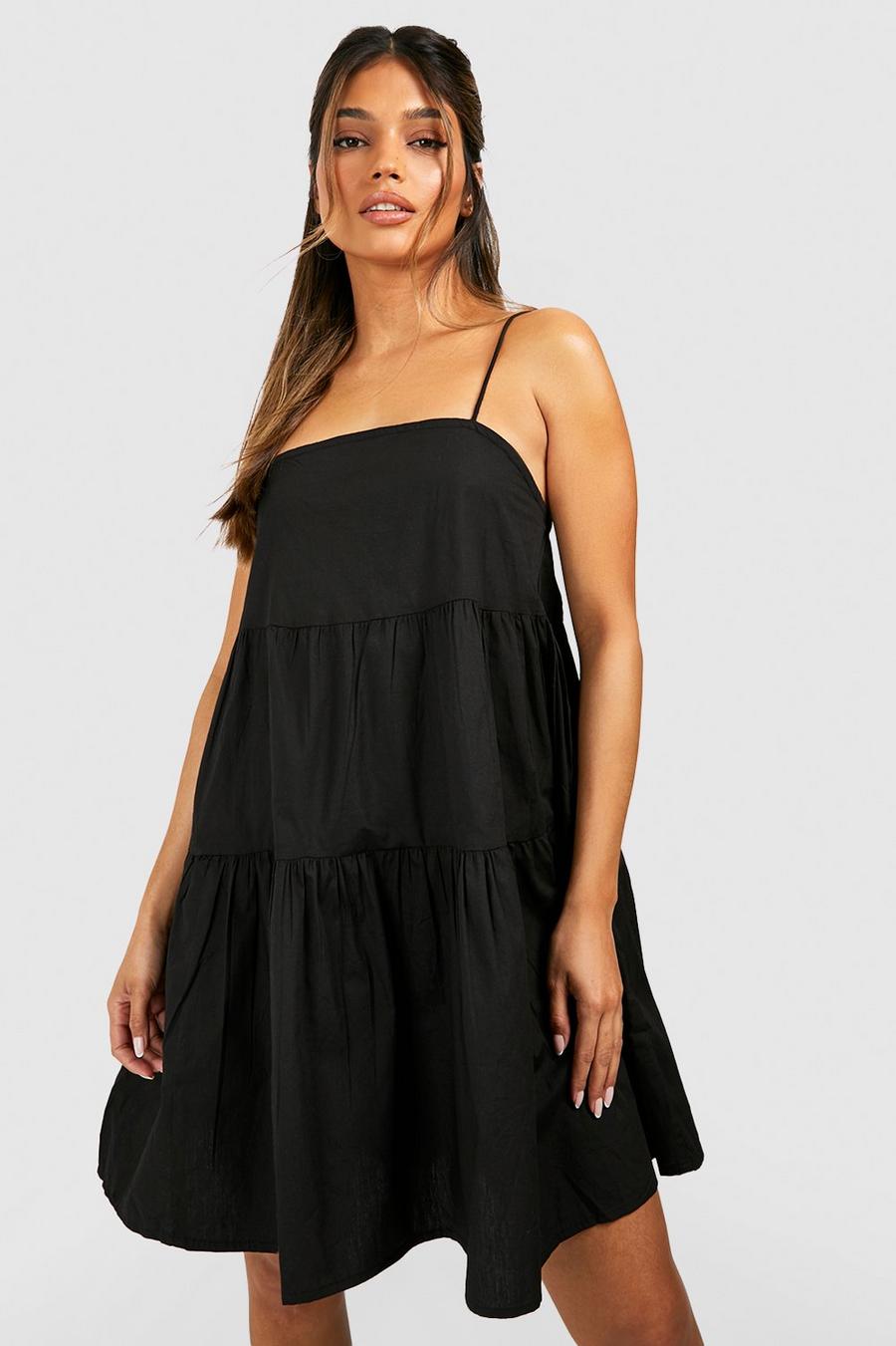 Black Strappy Tiered Cotton Smock Dress image number 1