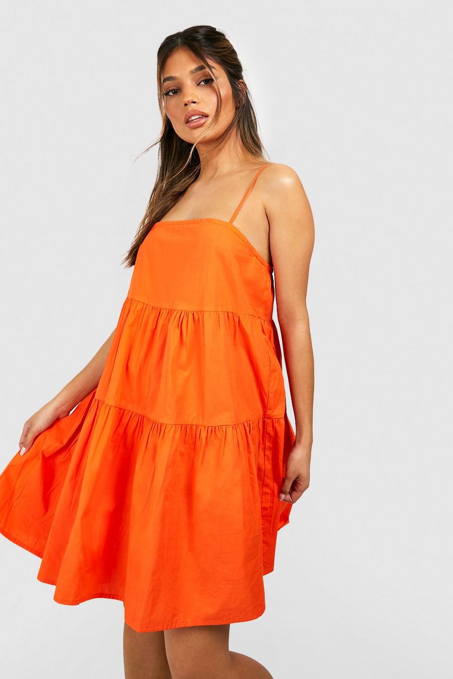 Orange Strappy Tiered Cotton Smock Dress