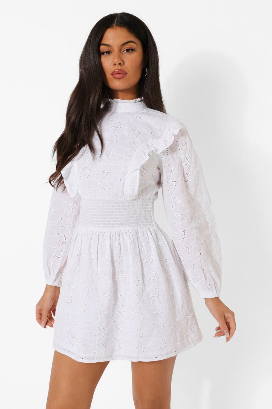 White Puff Sleeve High Neck Broderie Skater Dress image number 1