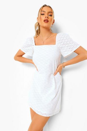 Eyelet Square Neck Short Sleeve Mini Dress white