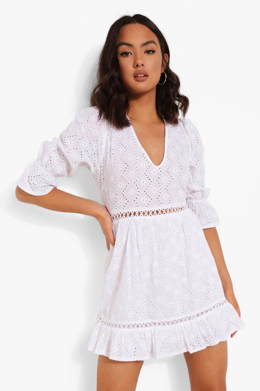 White Broderie Lace Up Back Puff Sleeve Mini Dress image number 1