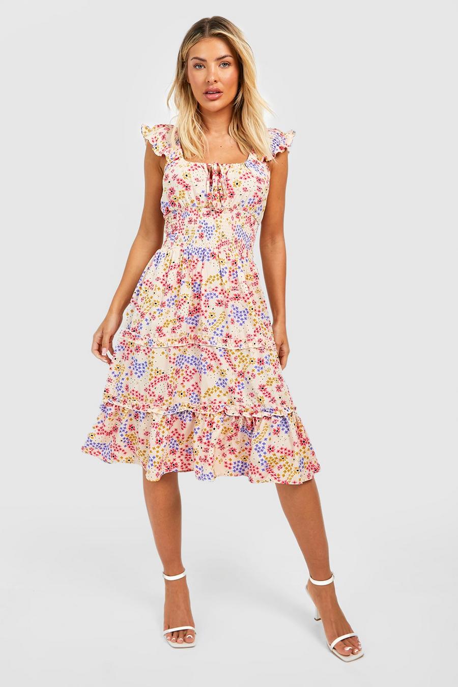Ecru Ditsy Floral Tiered Midi Dress image number 1