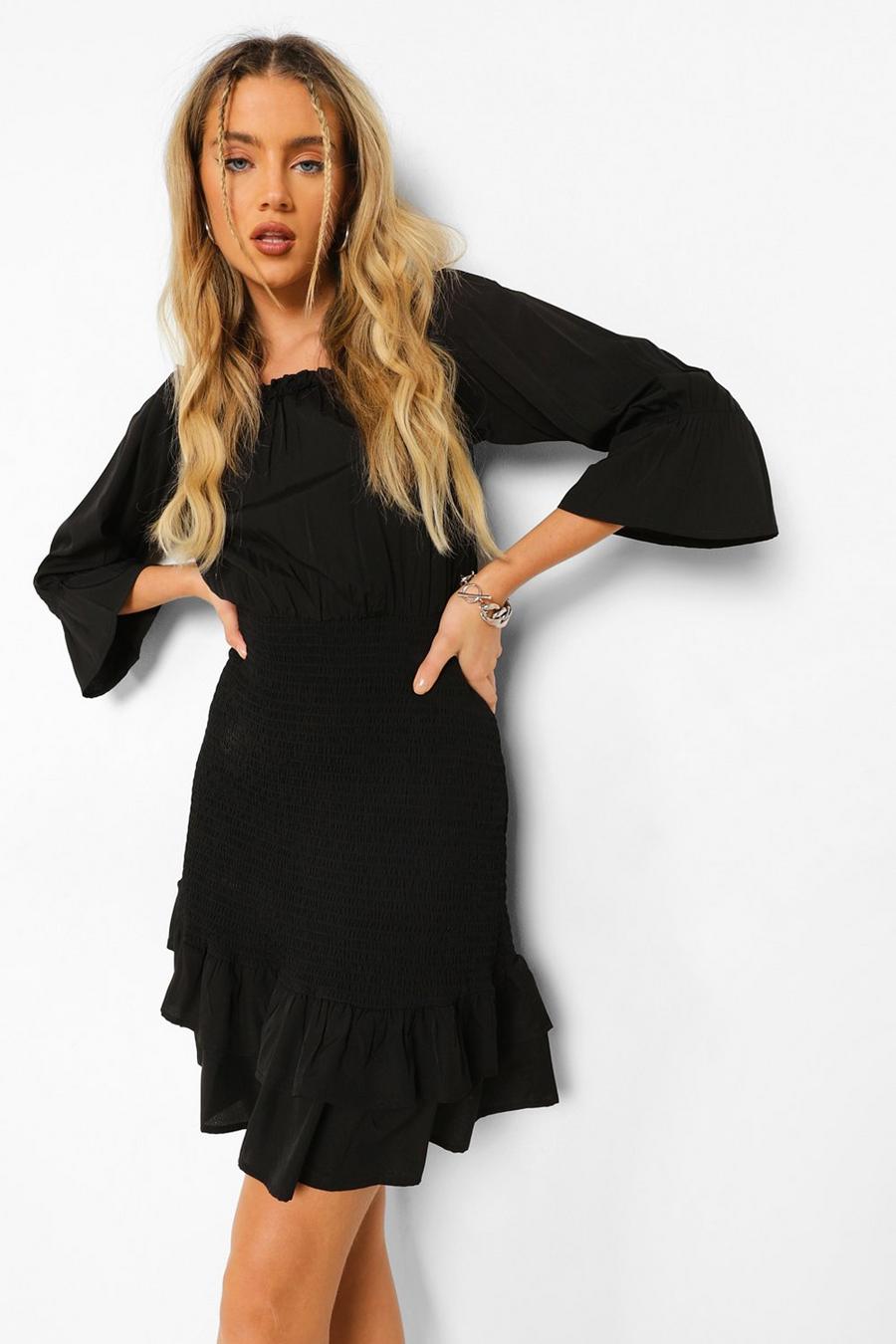 Black Shirring Off The Shoulder Mini Dress image number 1
