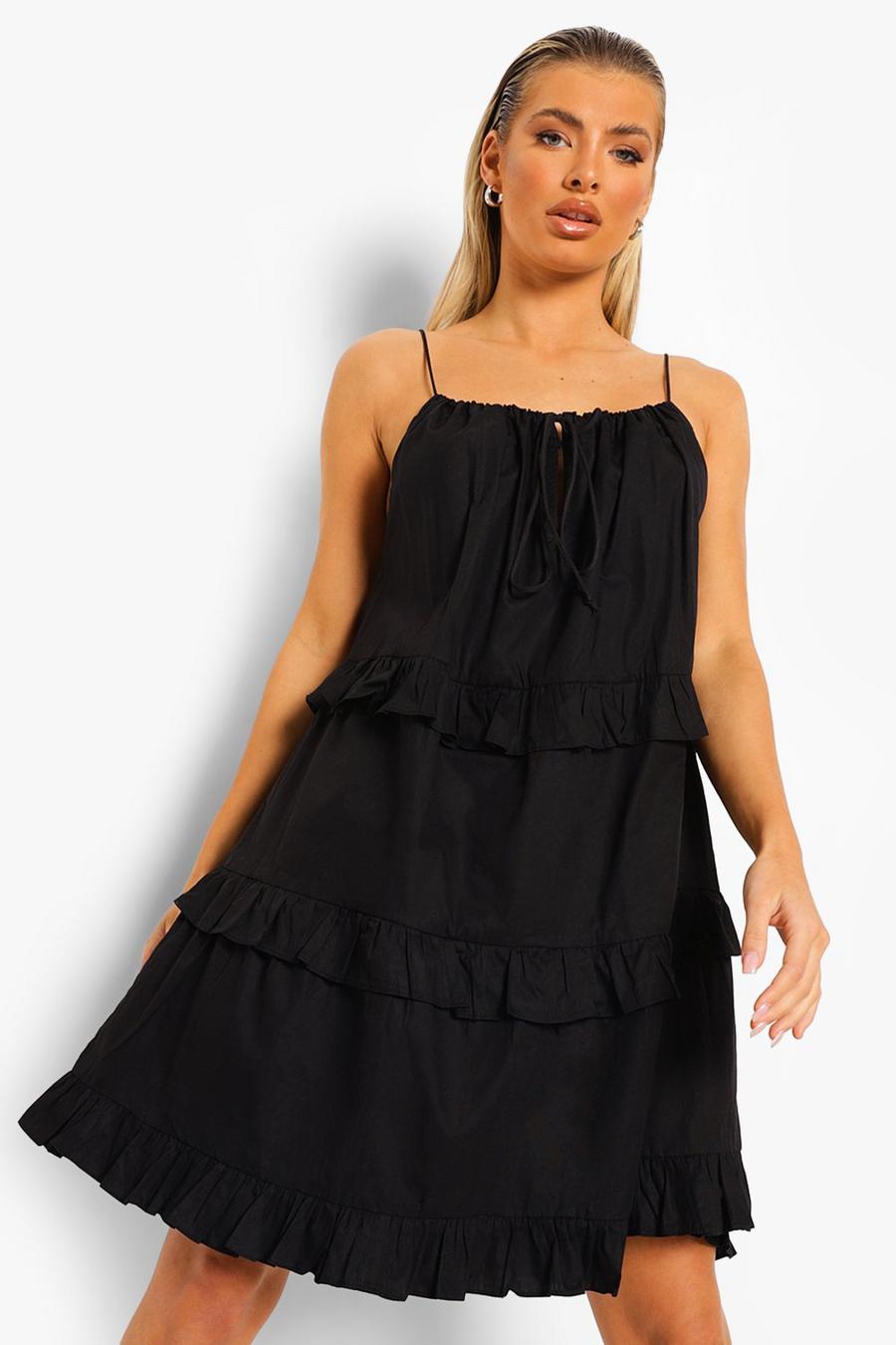 Black Strappy Tiered Cotton Mini Dress image number 1