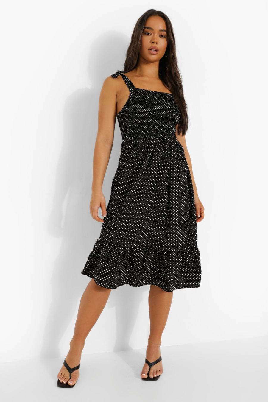 Black Polka Dot Tie Strap Shirred Midi Dress image number 1