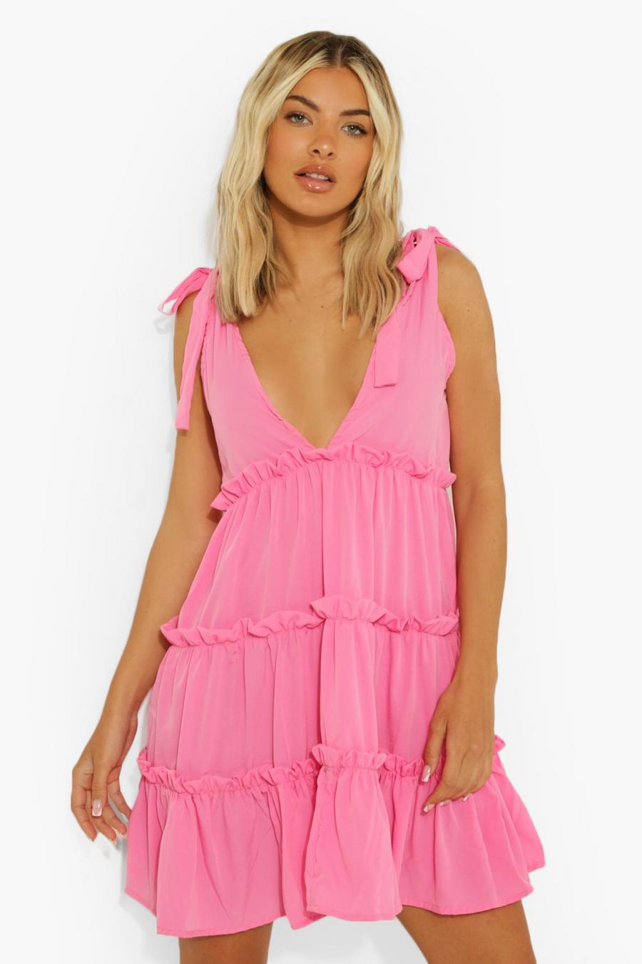 Pink Plunge Tie Strap Tiered Swing Dress image number 1
