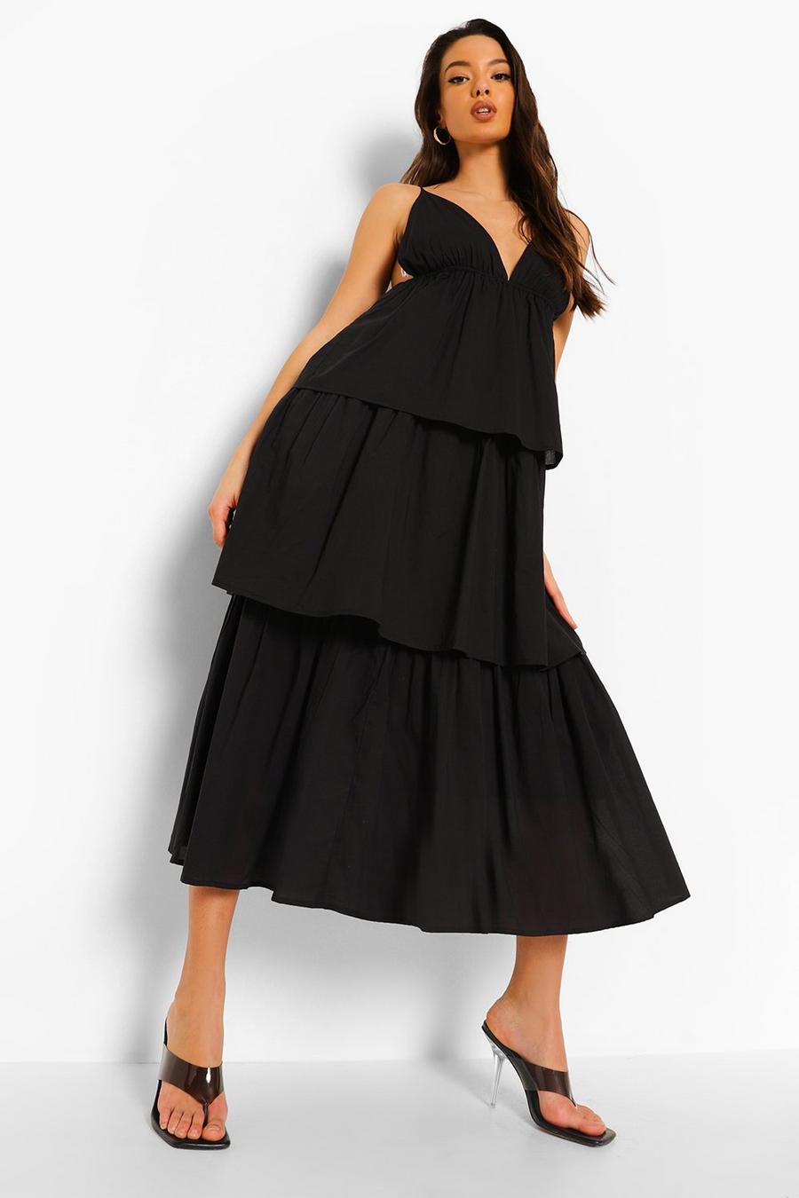 Black Plunge Strappy Tiered Midaxi Dress image number 1