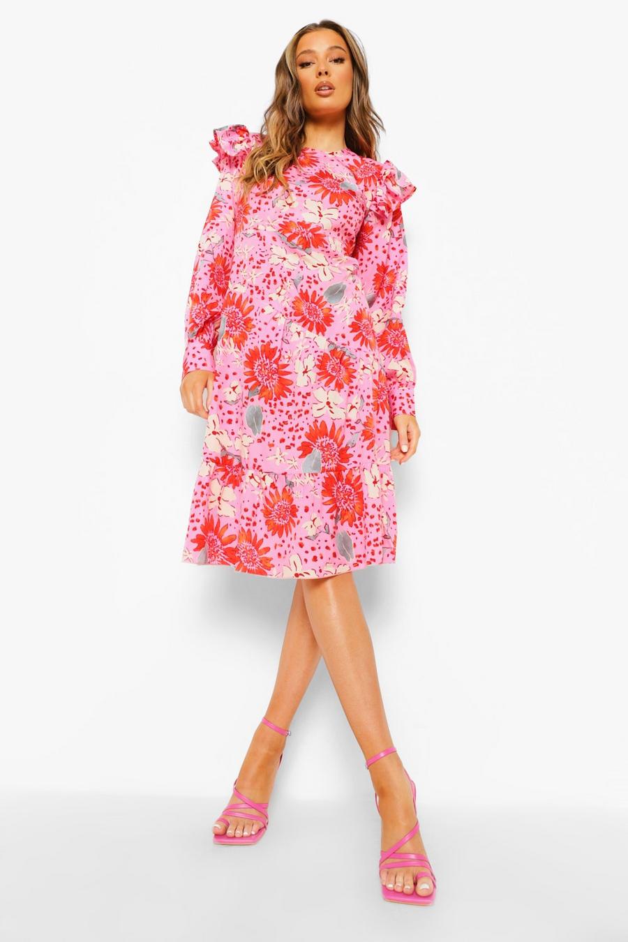 Pink Floral Long Sleeve Frill Shoulder Midi Dress image number 1