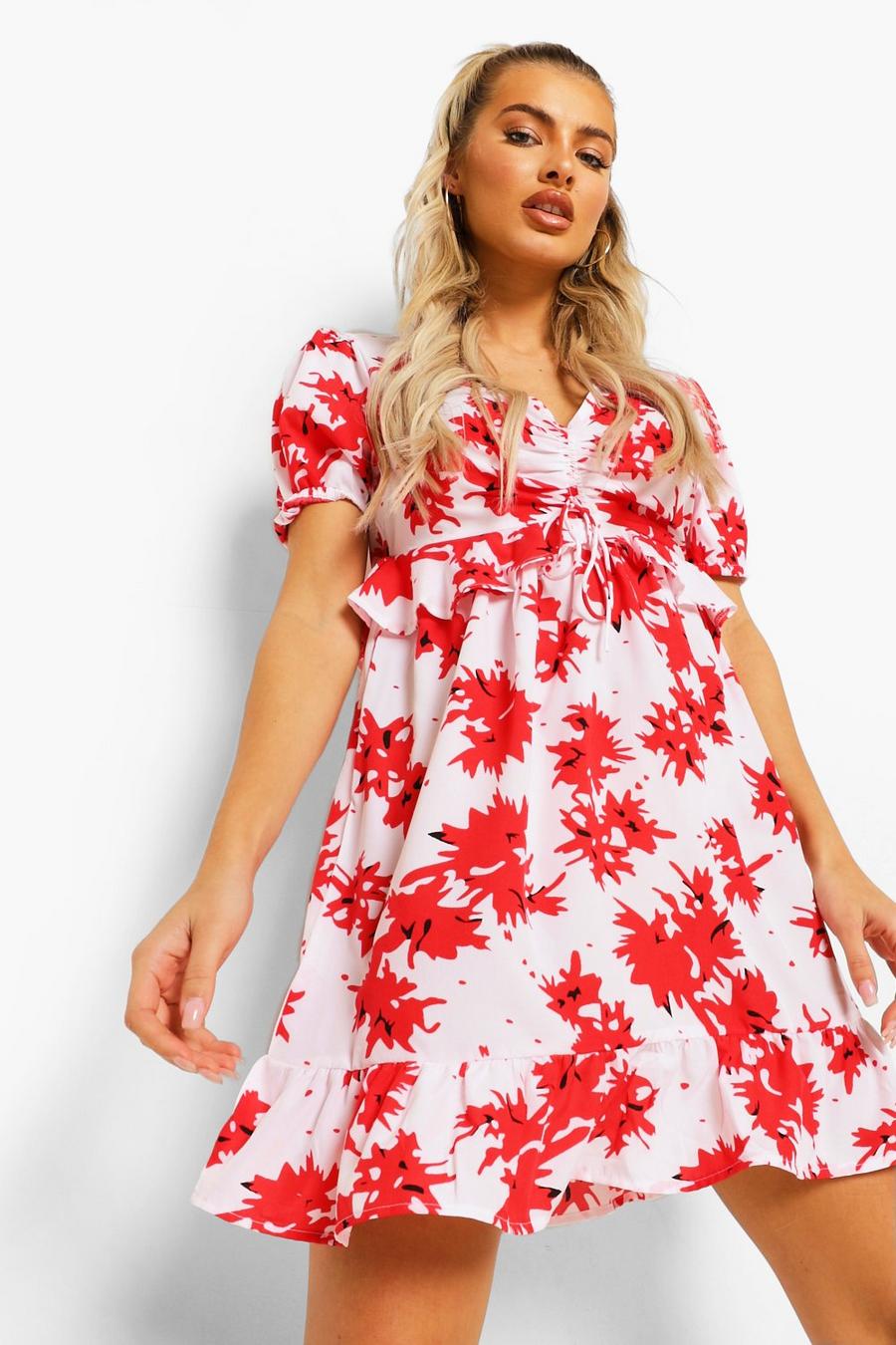 Red Ruched Bust Frill Detail Mini Tea Dress image number 1