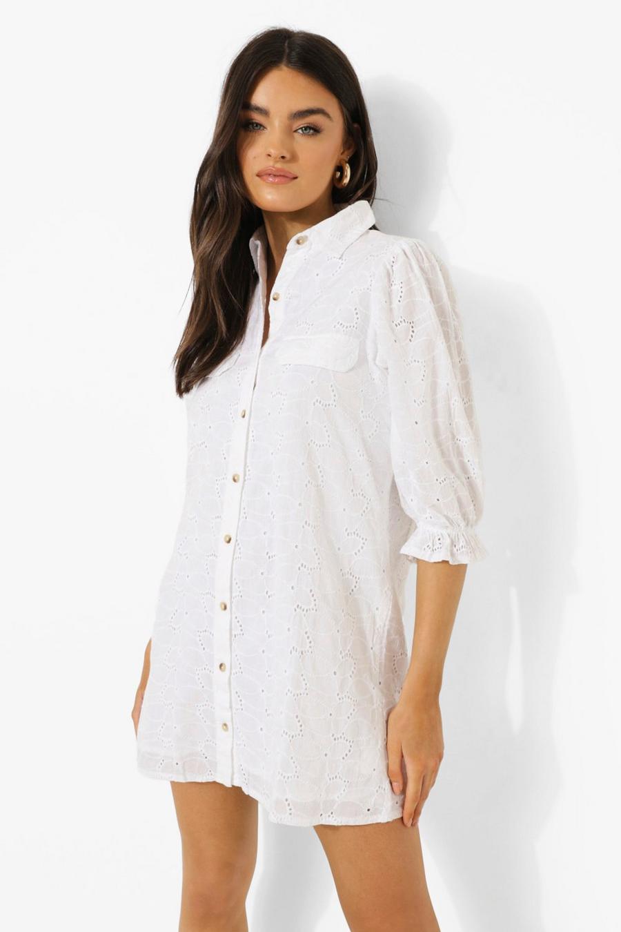 White Open Collar Puff Sleeve Broderie Shirt Dress image number 1