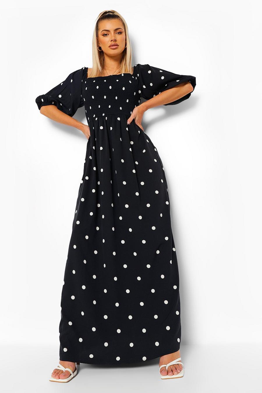 Black Polka Dot Balloon Sleeve Shirred Maxi Dress image number 1