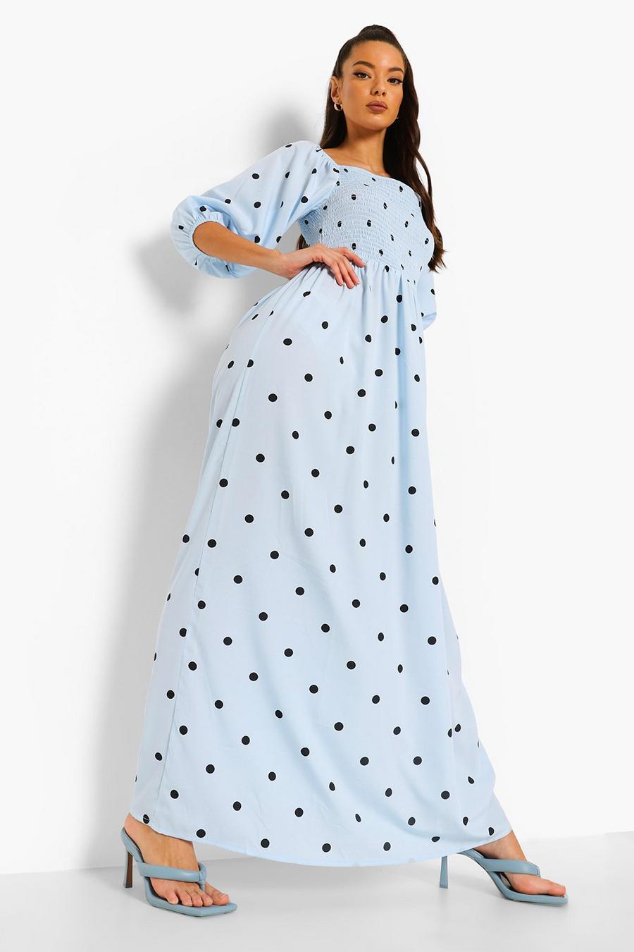 Blue Polka Dot Balloon Sleeve Shirred Maxi Dress image number 1