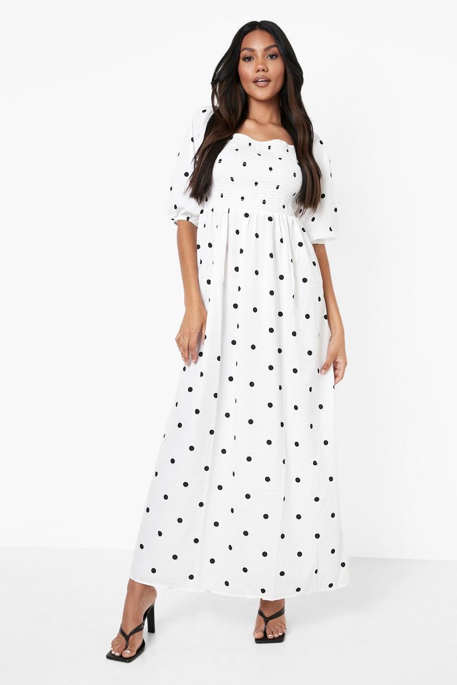 White Polka Dot Balloon Sleeve Shirred Maxi Dress image number 1