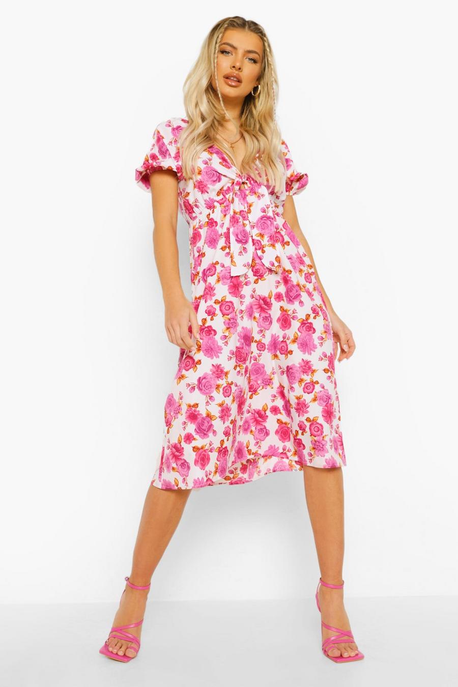 Pink Floral Puff Sleeve Tie Front Midi Dress image number 1