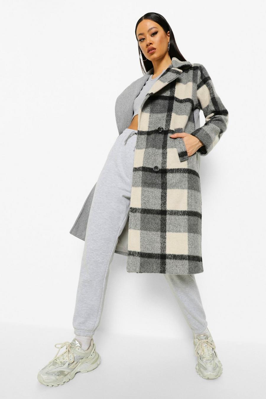 Grey Check Spliced Wool Look Coat image number 1
