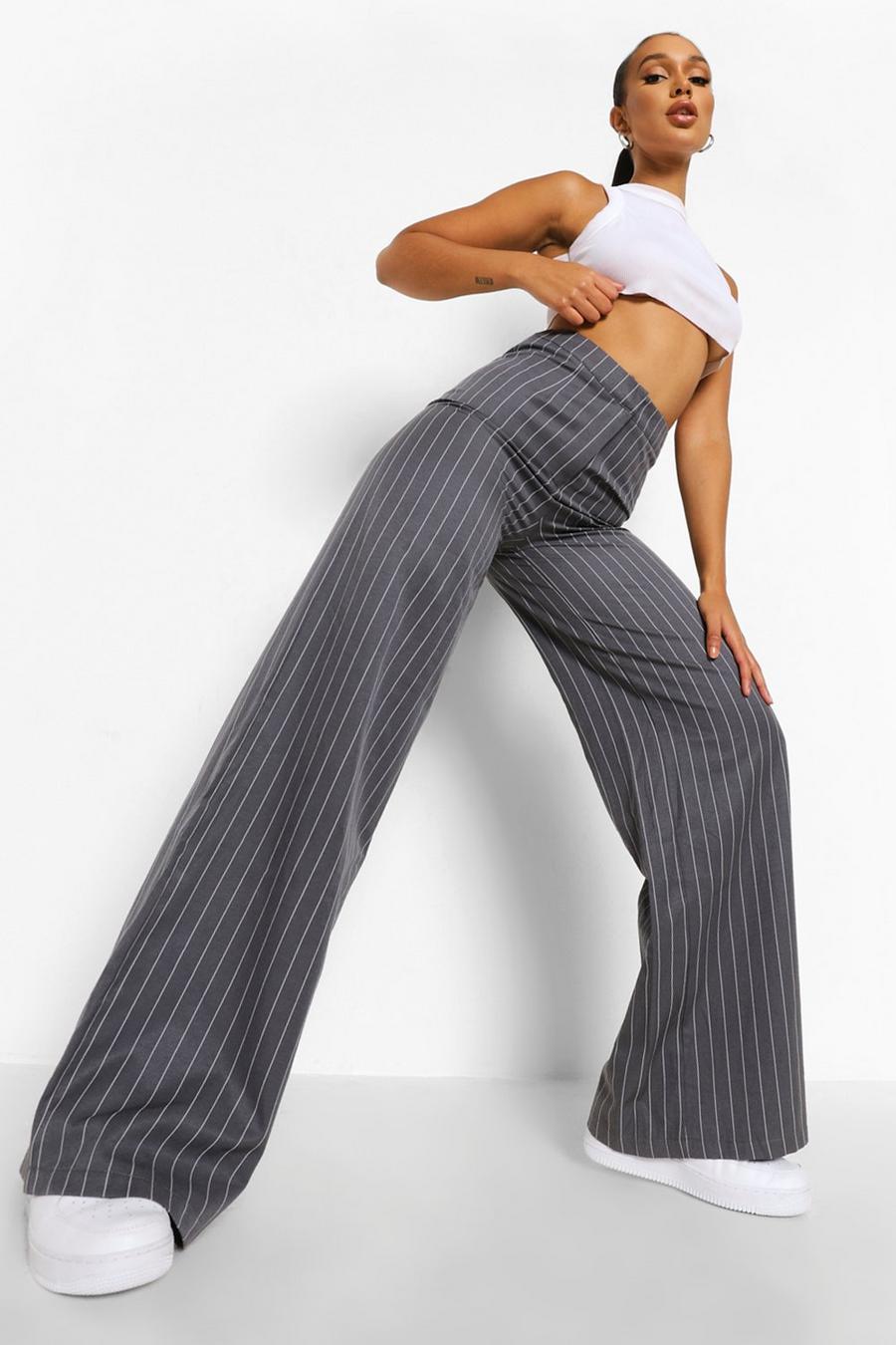 Charcoal Pinstripe Relaxed Wide Leg Pants image number 1