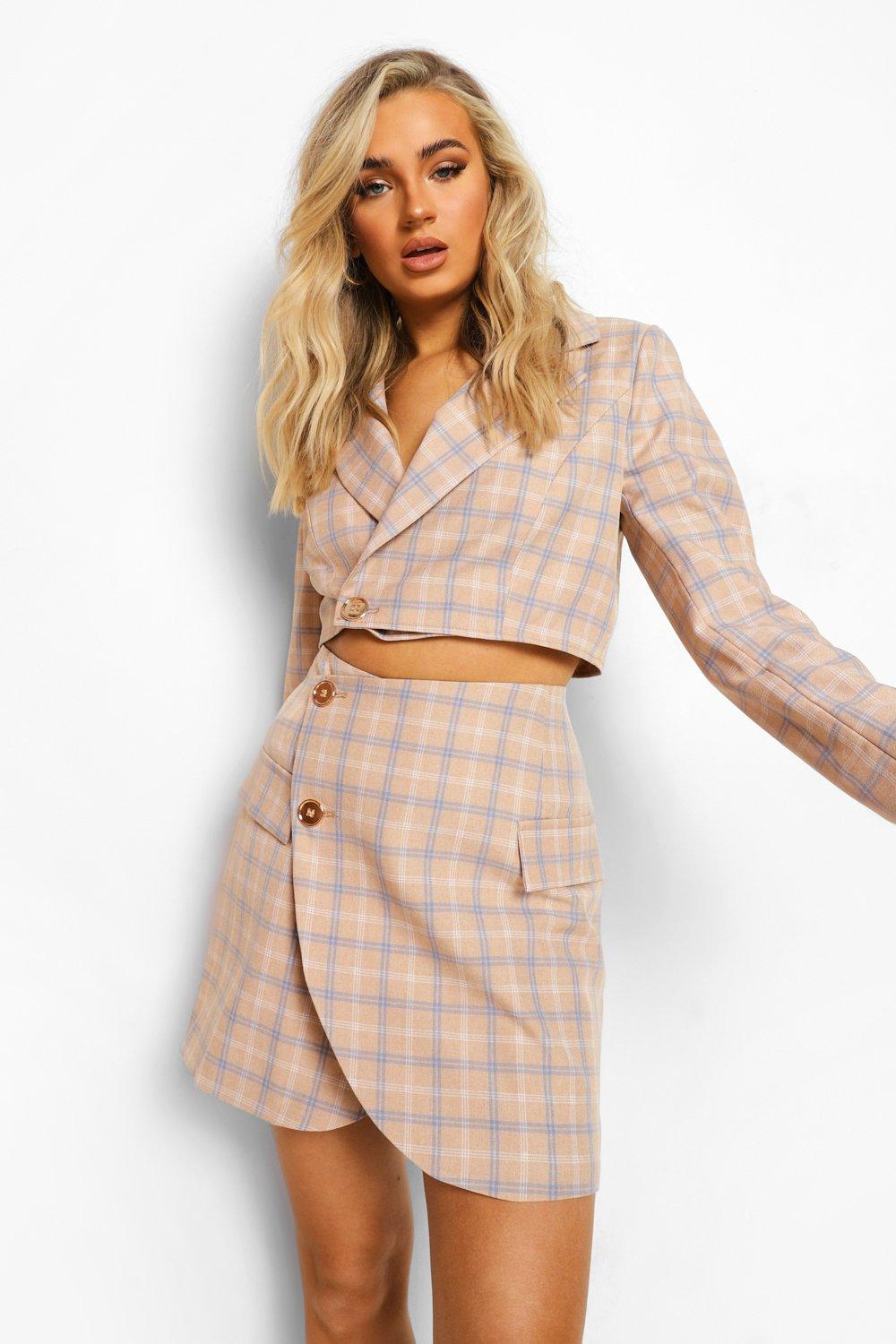 Taupe Tailored Check Wrap Mini Skirt