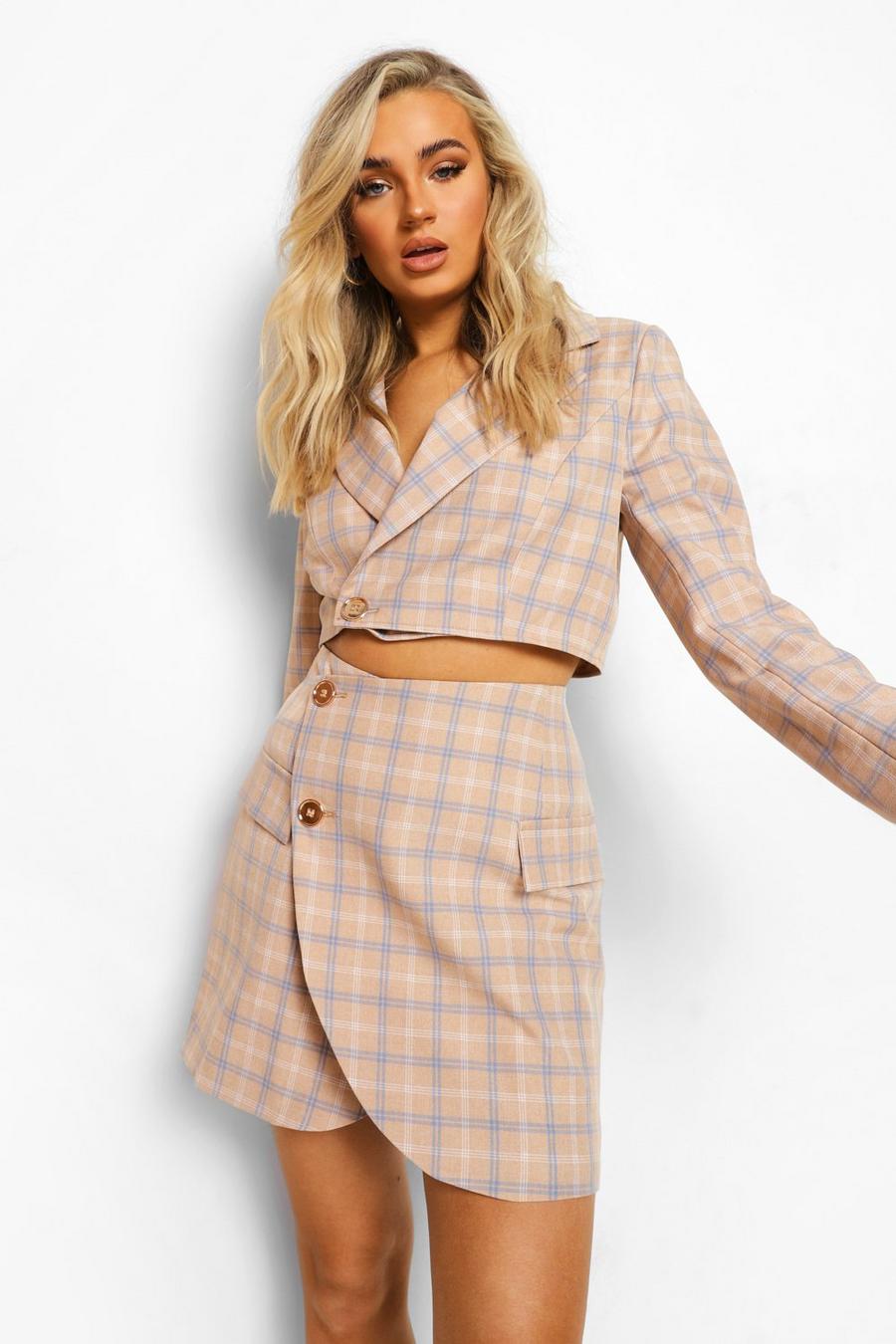 Taupe Tailored Check Wrap Mini Skirt image number 1