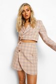 Taupe Tailored Check Wrap Mini Skirt