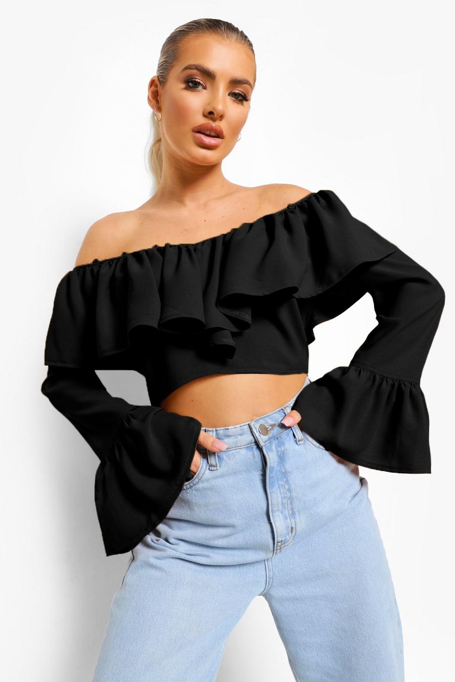 Black Off shoulder-blus med volanger image number 1