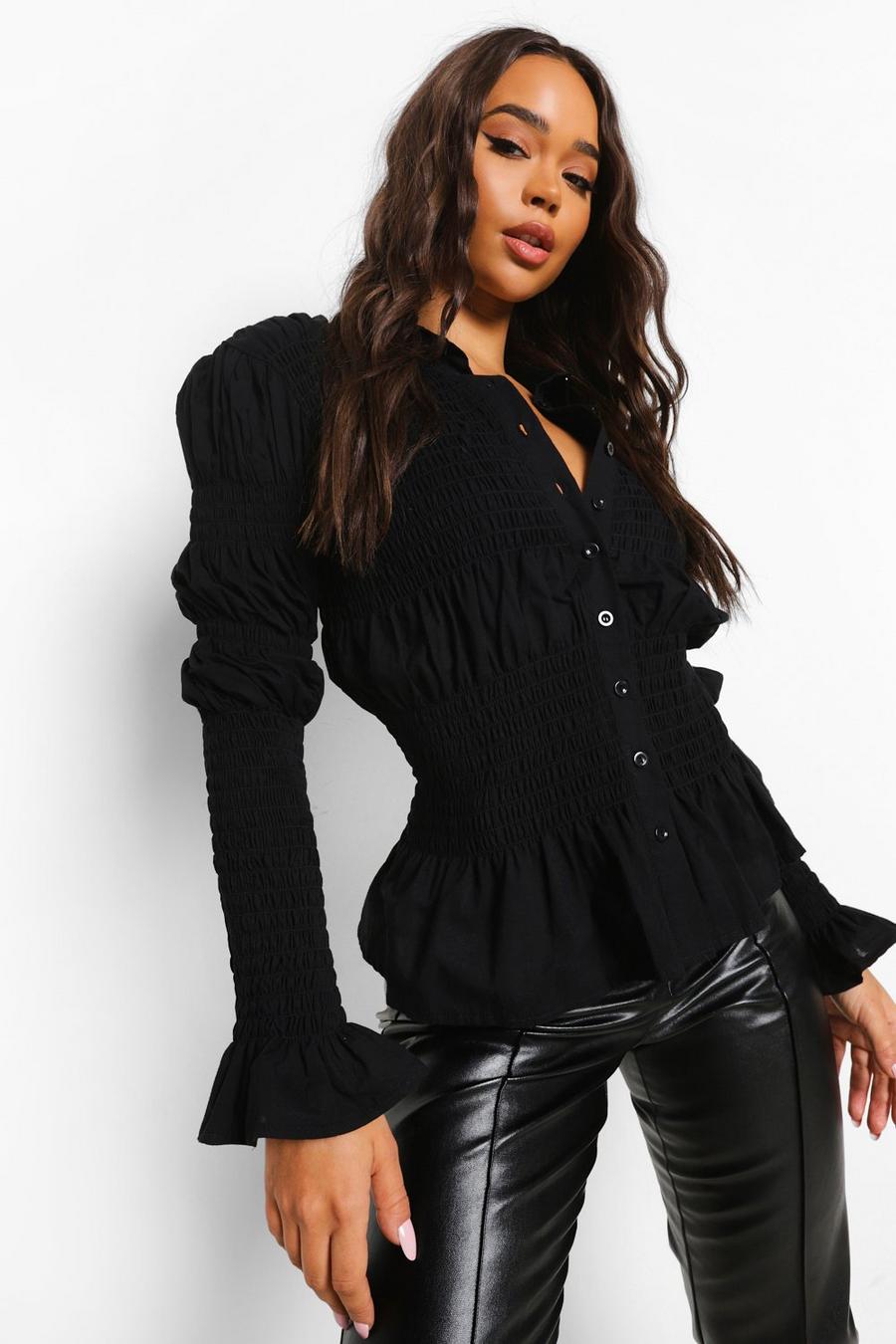 Black Shirred Long Sleeve Blouse image number 1