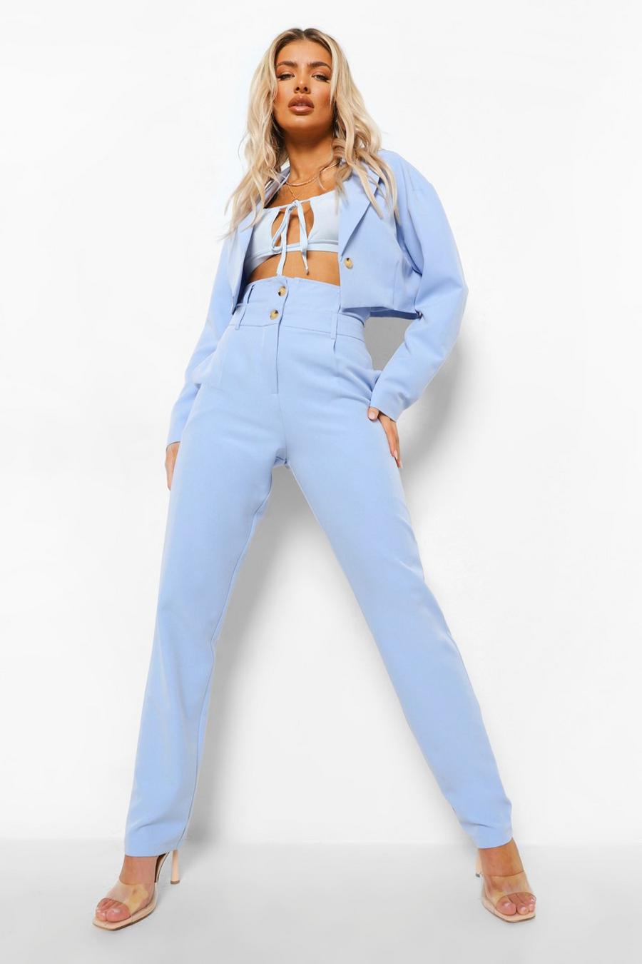 Powder blue Double Waistband Straight Leg Trousers image number 1