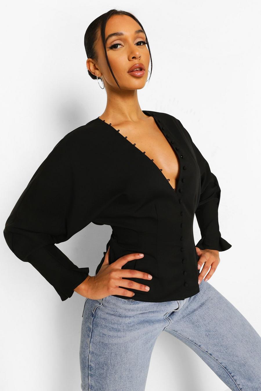 Black Balloon Sleeve Button Front Blouse image number 1