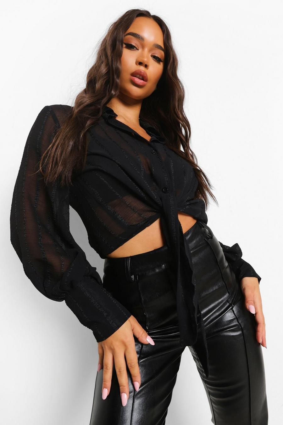 Black Textured Tie Front Puff Sleeve Shirt image number 1