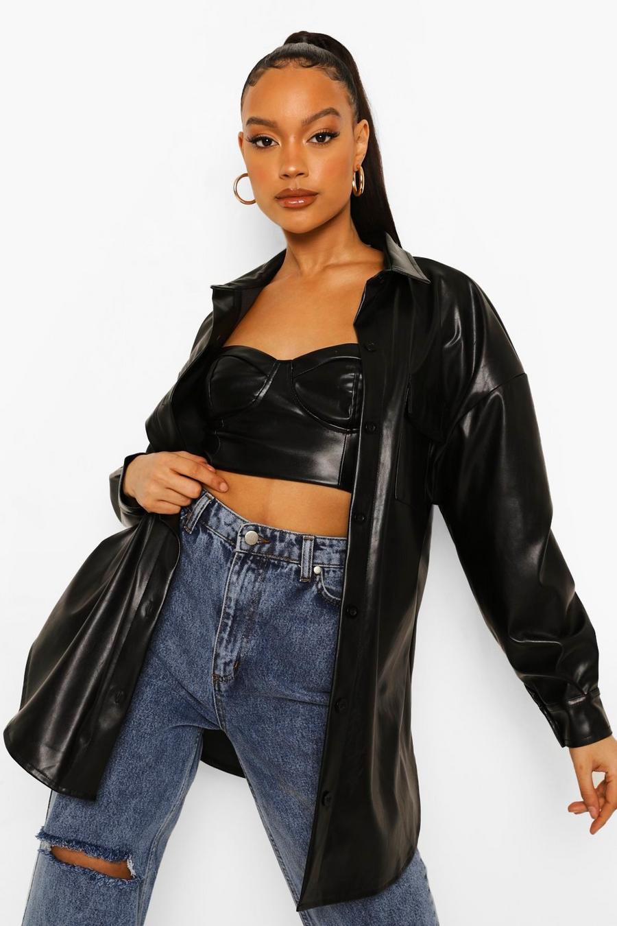 Black Leather Look Oversized Shirt