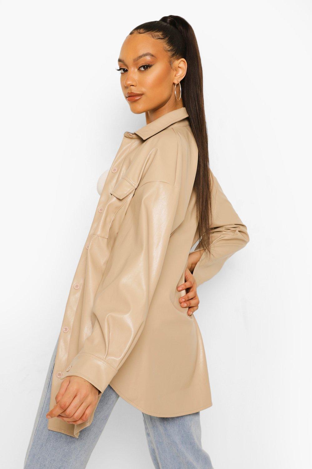 boohoo Faux Leather Oversized Shacket - Beige - Size 6