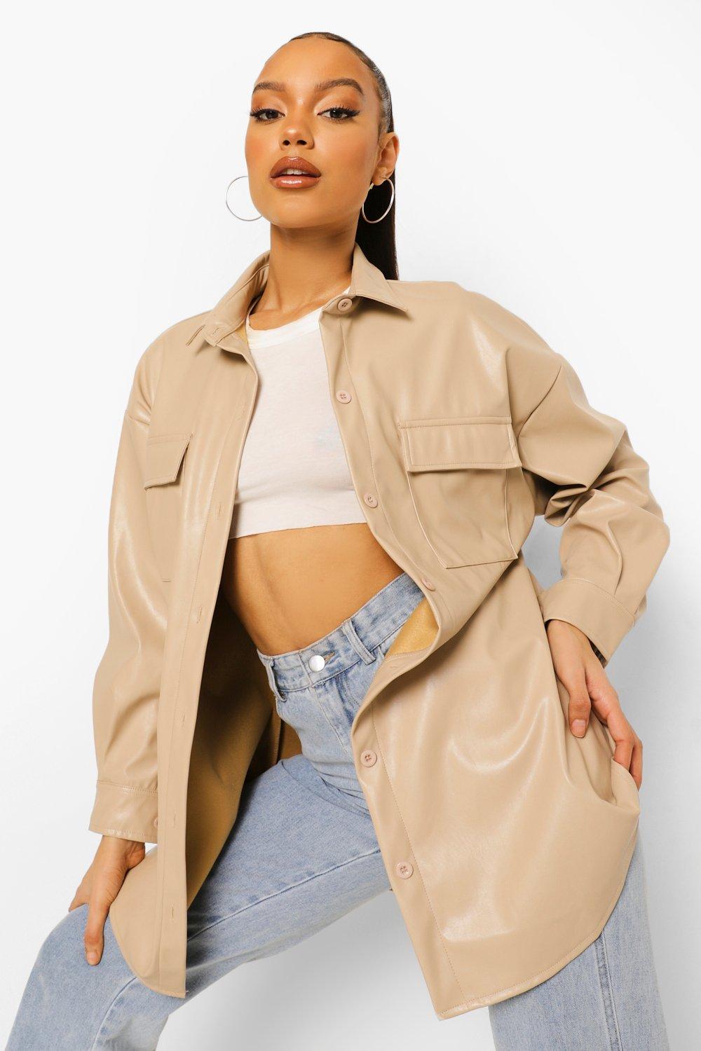 Women's Beige Leather Look Oversized Shacket | Boohoo UK