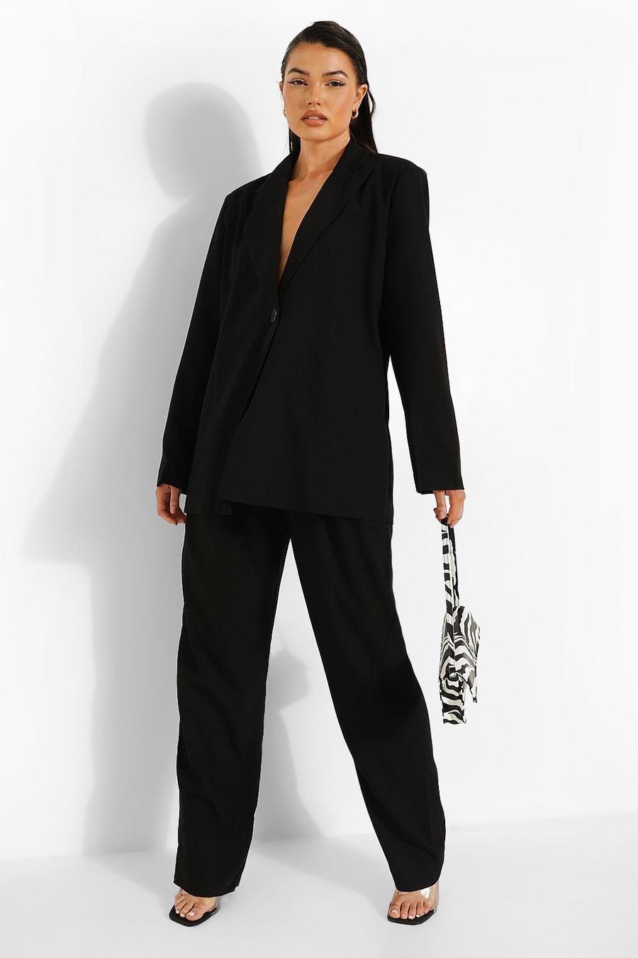 Pantalones holgados y plisados por delante de efecto lino, Negro image number 1