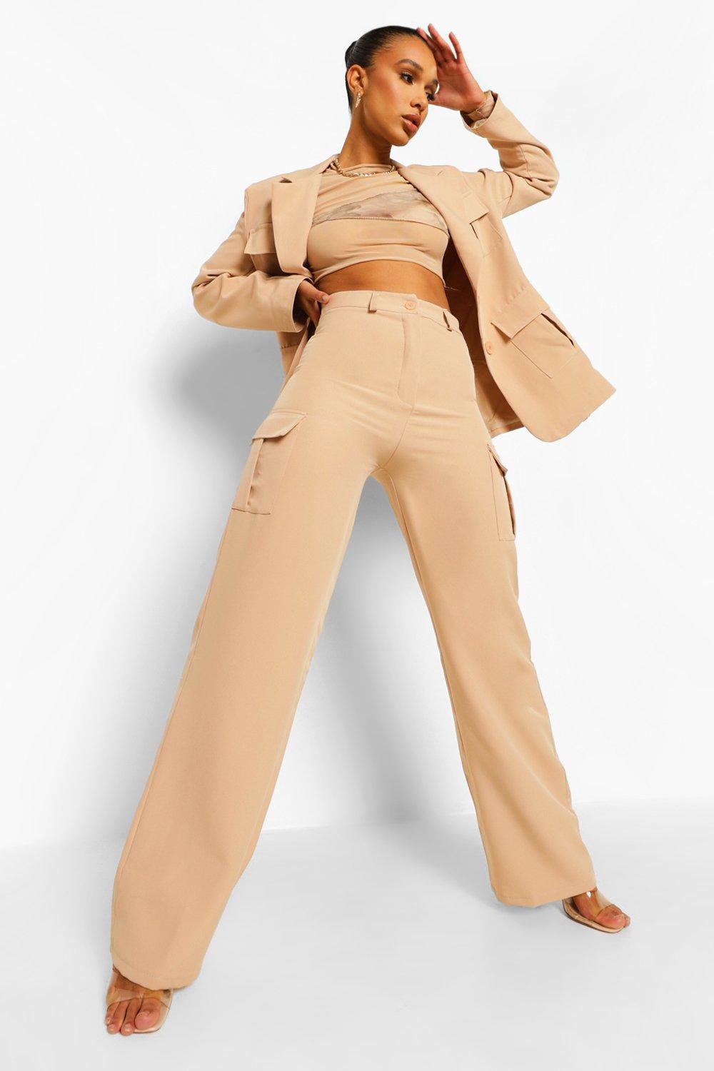 Beige Wide Leg Utility Trousers