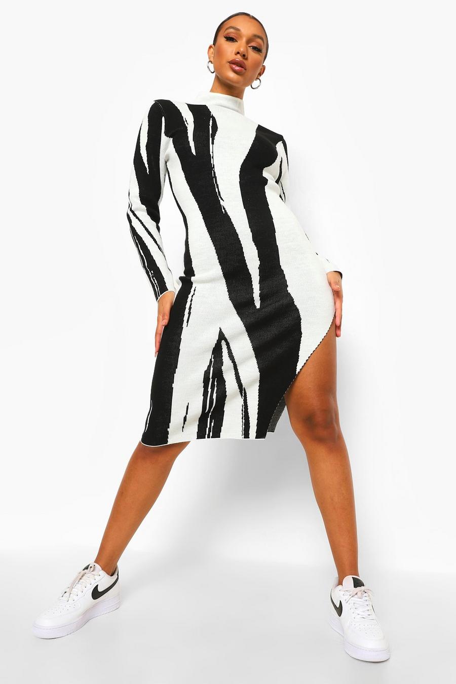 Black Zebra Print High Neck Rib Knit Midi Dress image number 1