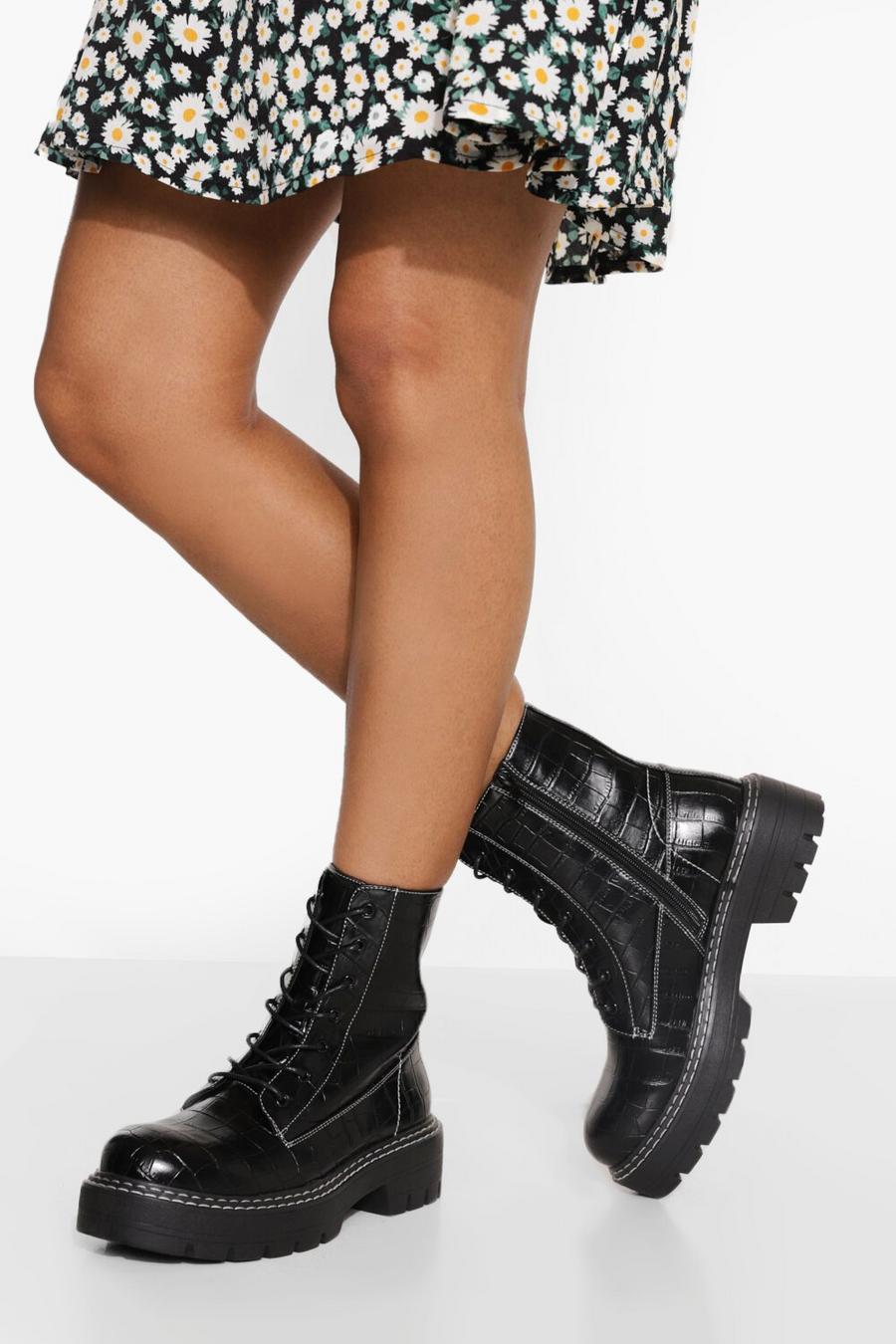 Black Wide Width Double Stitch Chunky Combat Boots image number 1