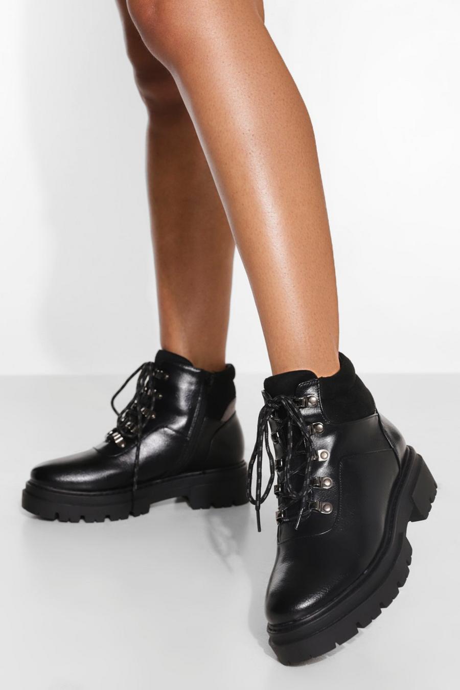 Black Wide Width Padded Cuff Chunky Combat Boots image number 1