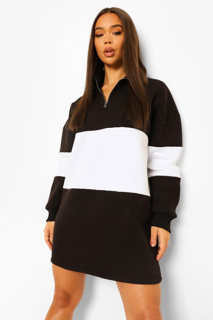 Black Sweatshirtklänning med blockfärger och kort dragkedja image number 1