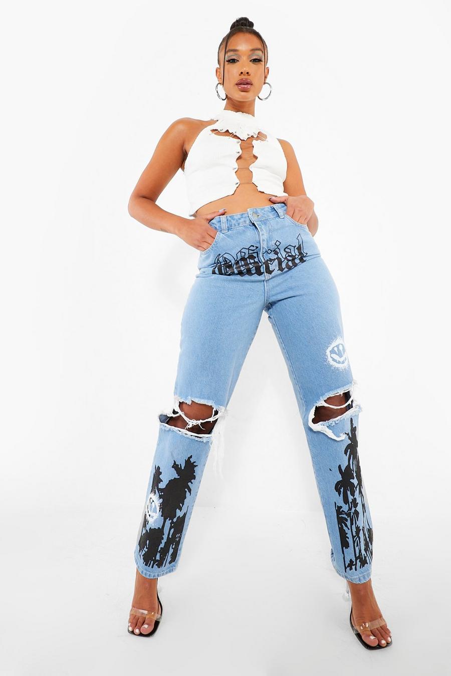 Light blue Straight Leg Busted Knee Jeans With Print image number 1
