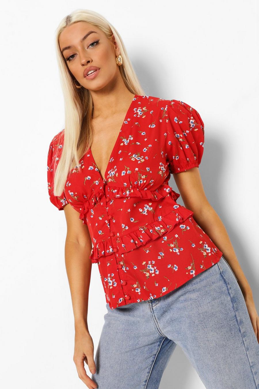 Red Woven Floral Puff Sleeve Blouse image number 1