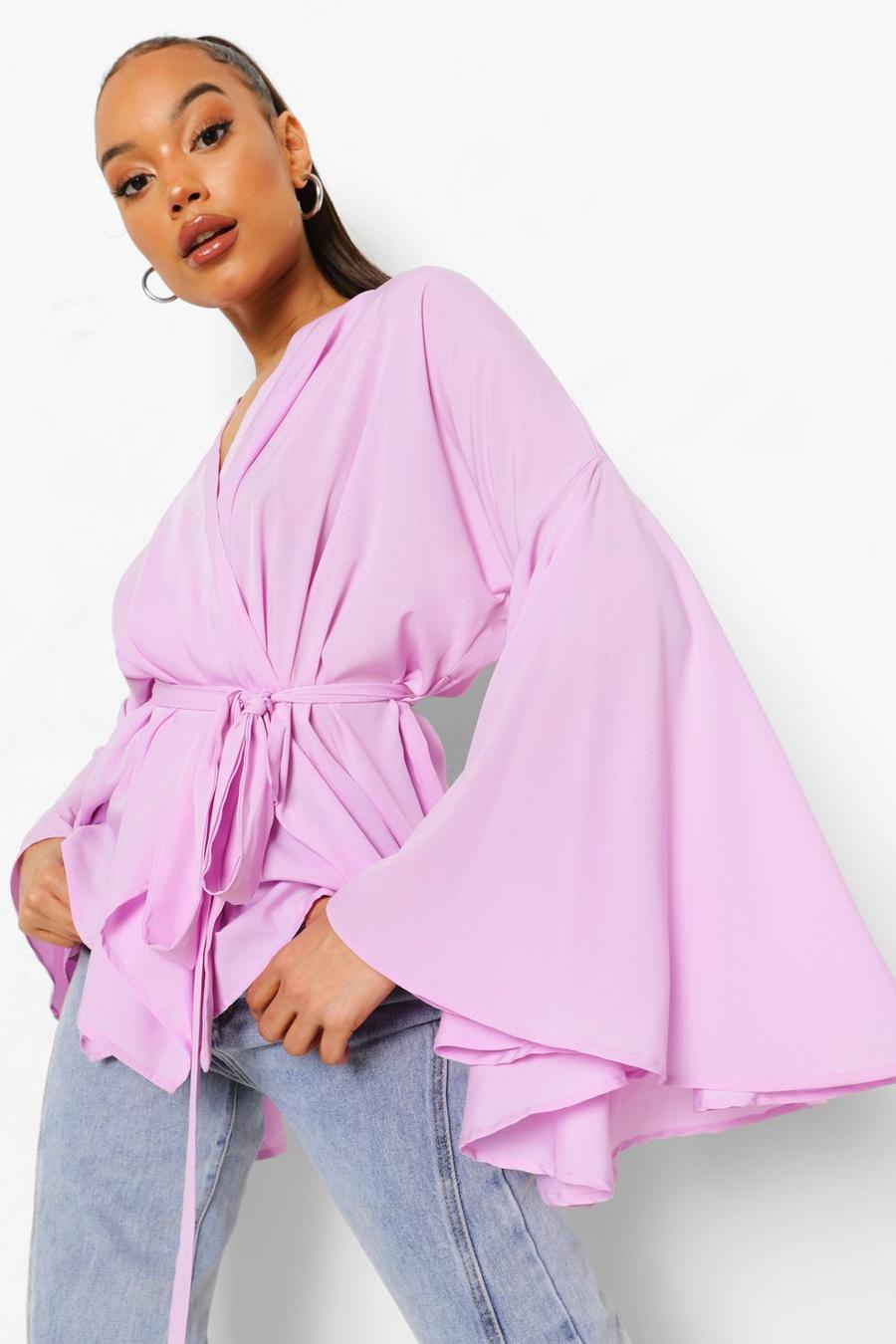 Lilac Woven Wrap Flared Sleeve Blouse image number 1