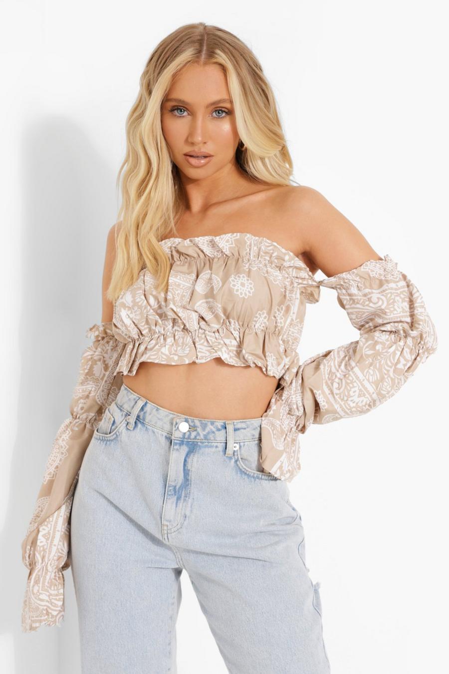 Stone Woven Paisley Off The Shoulder Crop Top image number 1