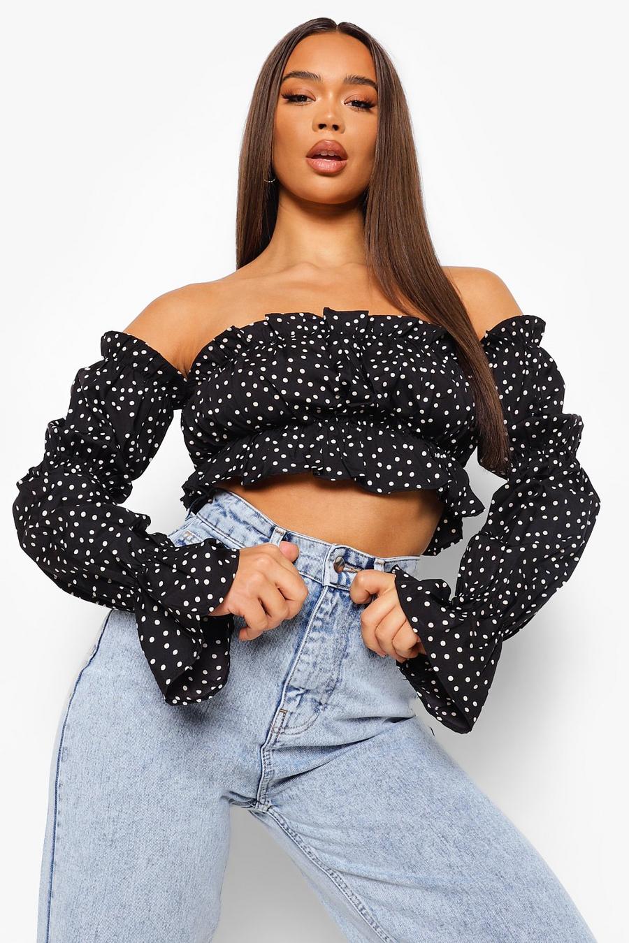 Crop top in tessuto a pois con spalle scoperte, Black image number 1