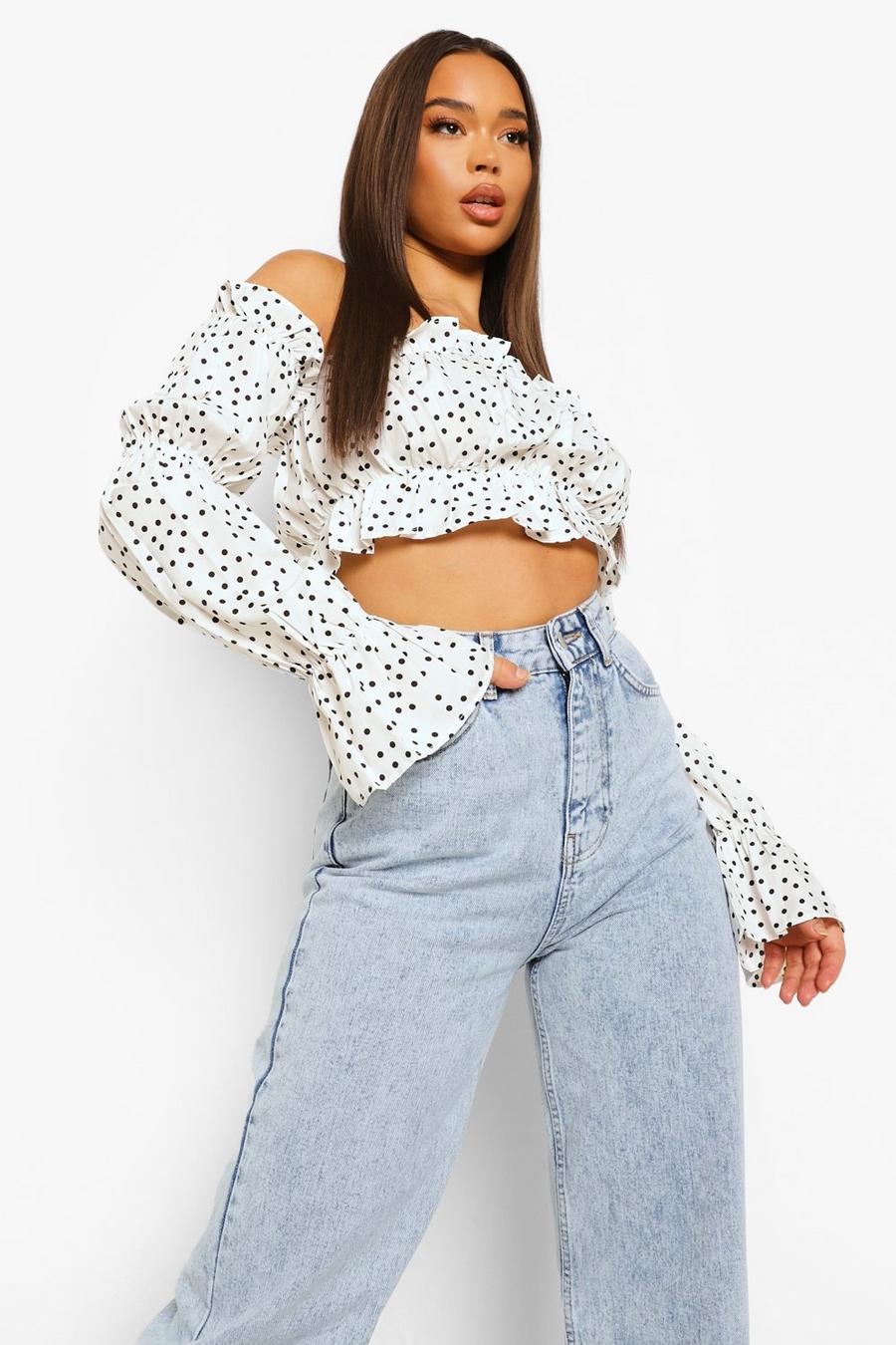 Crop top in tessuto a pois con spalle scoperte, Ivory image number 1
