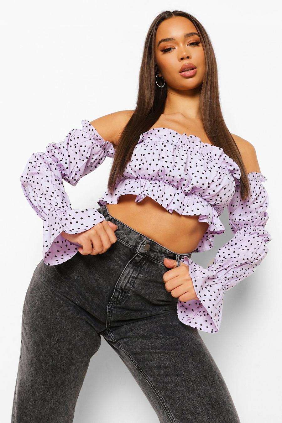 Lilac Woven Polka Dot Off The Shoulder Crop Top
