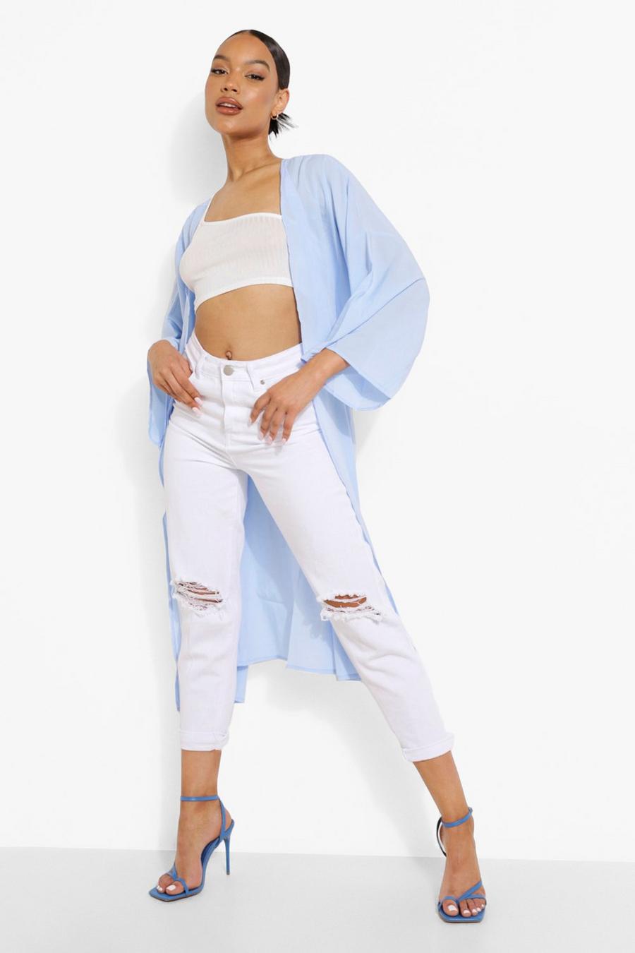 Light blue Woven Belted Kimono image number 1