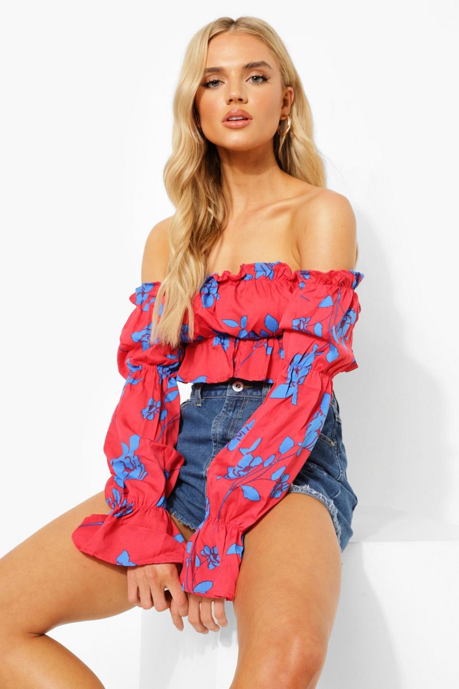 Red Woven Floral Ruffle Crop Top image number 1