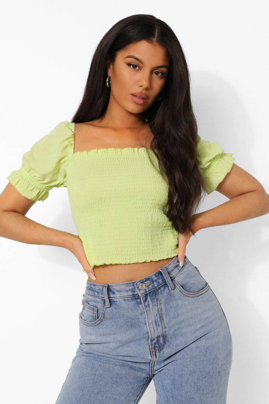 Chartreuse Shirred Square Neck Crop Top image number 1