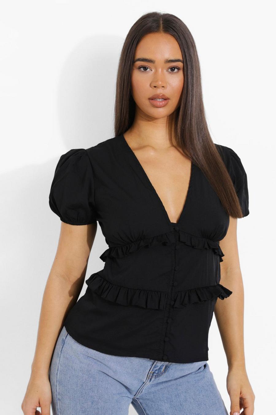 Black Woven Ruffle Off The Shoulder Crop Top image number 1